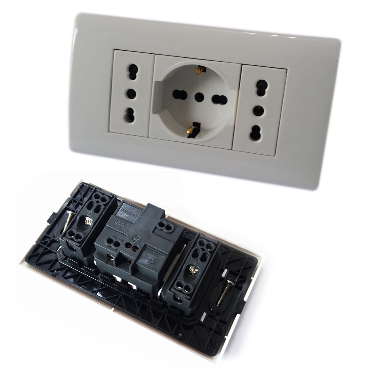 Placca Placchetta 3 Posti Completa 2 Prese Bipasso 1 Shuko Incasso 504 linq