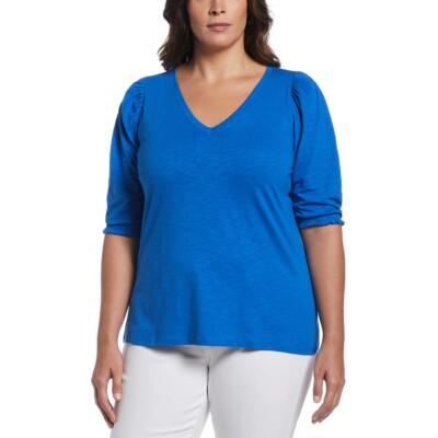 Ella Rafaella Womens Blue Organic Cotton Slub Pullover Top Plus 1X BHFO 5840