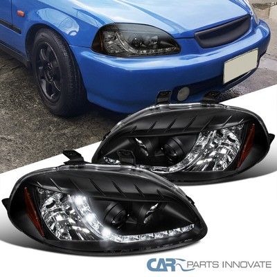 Black Fits 1996-1998 Honda Civic EK Projector Headlights LED Strip Left+Right