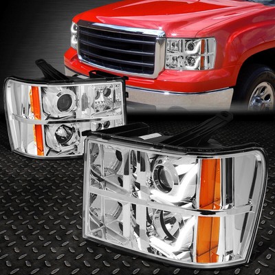 [ДВОЙНОЙ L-HALO LED DRL] ДЛЯ 07-14 GMC SIERRA ХРОМИРОВАННЫЕ ЯНТАРНЫЕ БОКОВЫЕ ПРОЕКТОРНЫЕ ФАРЫ