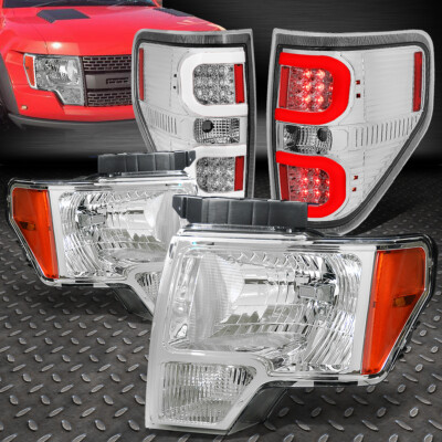 ДЛЯ 09-14 FORD F150 ХРОМИРОВАННЫЙ КОРПУС ЯНТАРНОЙ УГЛОВОЙ ФАРЫ + 3D СВЕТОДИОДНЫЙ ЗАДНИЙ ФОНАРЬ C-ОБРАЗНОЙ ФОРМЫ