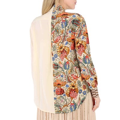 Pre-owned Burberry Ladies Vanilla Juliette Floral-print Paneled Silk Oversized Shirt, In White