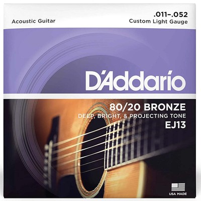 D'Addario EJ13 80/20 Bronze Acoustic Guitar Strings, Custom Light, 11-52