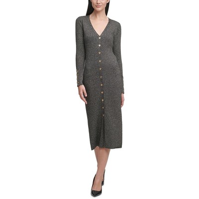 Женское черное платье-свитер с пуговицами цвета металлик Calvin Klein S BHFO 7689