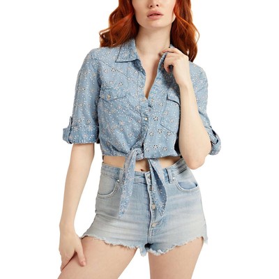 

Укороченный топ Guess Womens Blue с завязками спереди и регулируемыми рукавами  BHFO 7352, Flower force
