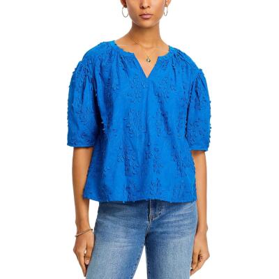 Cupio Womens Blue Embroidered Split Neck Puff Sleeve Blouse XL BHFO 1390