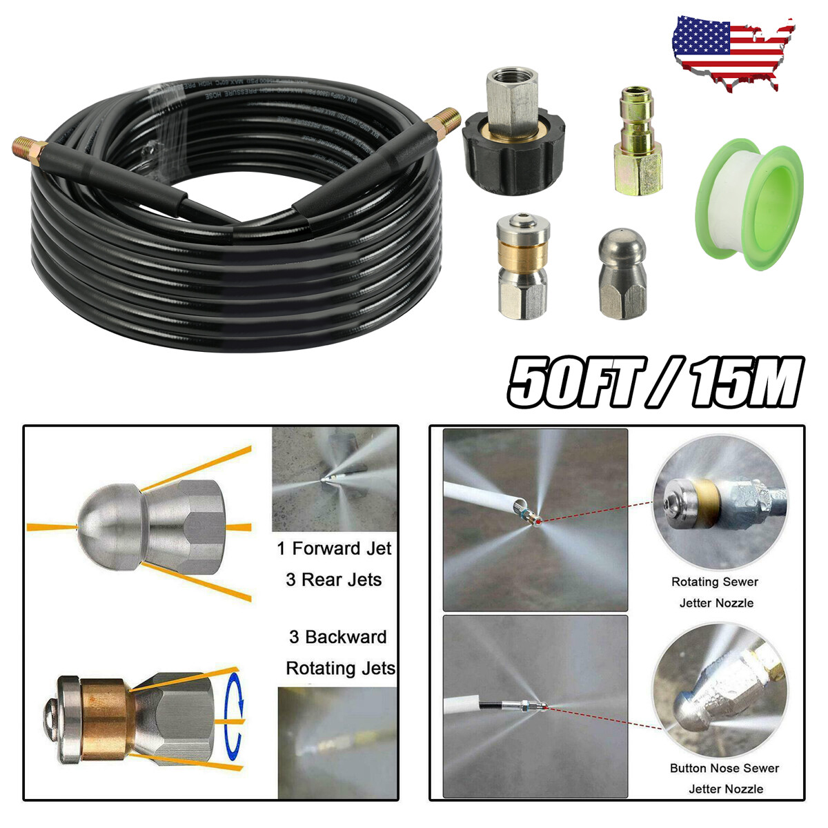 Sewer Jetter Nozzle Kit M22 to 1/4" NPT 50FT Drain Cleaning Hose Pressure Washer