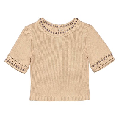 Pre-owned Rabanne Ladies Shiny Beige Stud-detailed Knitted Top