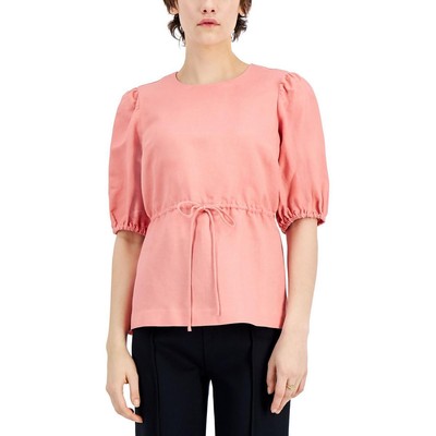 

Alfani Женская розовая льняная блузка с завязками на талии, верхняя рубашка с баской,  BHFO 5658, Sunrise coral