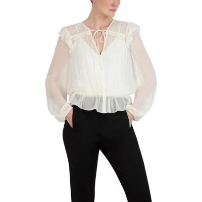

BCBGMAXAZRIA Женская шифоновая блузка с рукавами епископа и завязками на шее BHFO 4186, Gardenia
