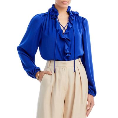 Kobi Halperin Womens Gabby Blue Satin Lace-Up Shirt Blouse Top L BHFO 8804