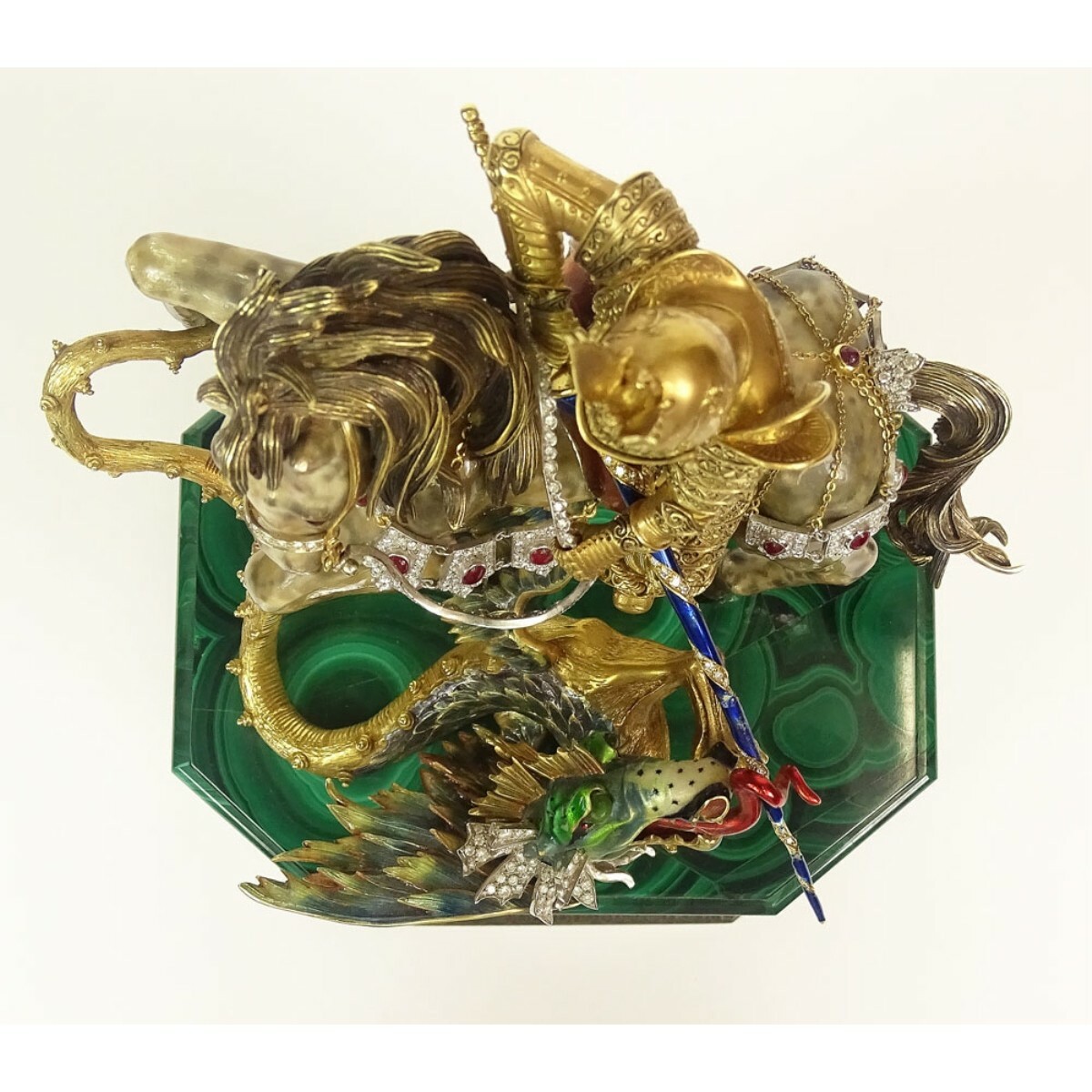 Enameled 18 Karat Yellow and White Gold Saint George and the Dragon Sculpture