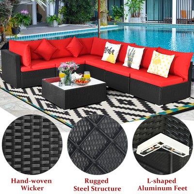 7PCS Patio Rattan Sofa Set Sectional Conversation Furniture Set Garden Red