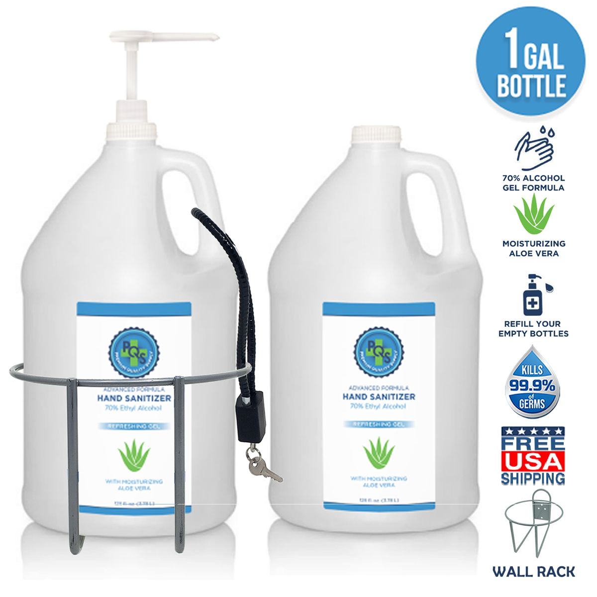 Gel 1 Gallon 128oz - 70% Alcohol, Aloe, Lemon W/ Pump, Rack, Lock
