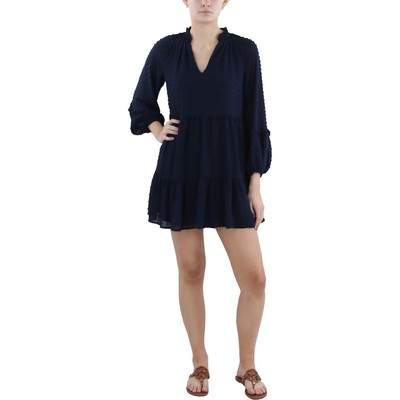 Tommy Hilfiger Womens Navy Ruffled Mini Loose Shift Dress Petites 4P BHFO 6528