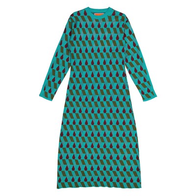 Pre-owned La Doublej La Double J Ladies Azzurro/militare/bordeaux Jacquard Long Sleeve Maxi Dress, In Red