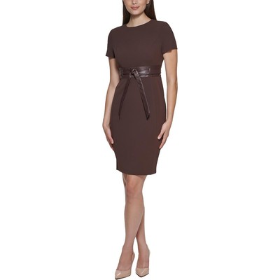 Calvin Klein Womens Brown Faux Leather Belted Sheath Dress 12 BHFO 2698