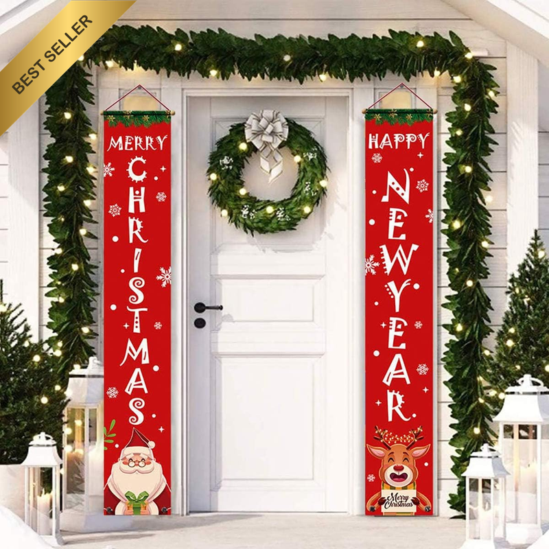 Merry Christmas Happy New Year Banner Porch Door Indoor Outdoor Wall Decor