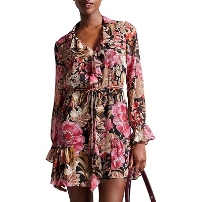 Ted Baker Womens Pink Tie Waist Ruffled V-Neck Mini Dress 5 BHFO 2373