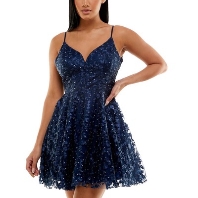B. Darlin Womens Navy Embroidered Mini Fit & Flare Dress Juniors 13/14 BHFO 1831
