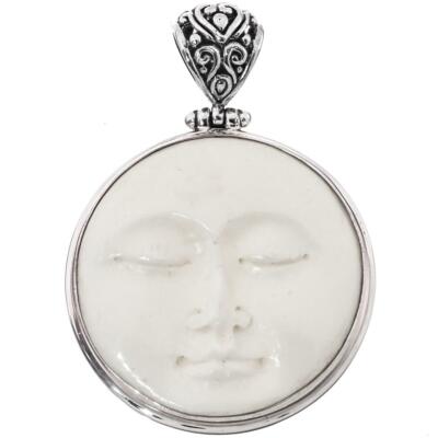 925 Silver Hand Carved Bali Moon Sun Goddess Bison Bone Sterling Pendant, 1 3/4''