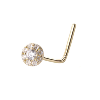 14K solid Gold Nose Ring L Shape with Flower Design Prong Setting Clear Jewels