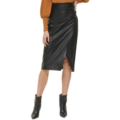 Женская черная офисная юбка миди А-силуэта из искусственной кожи DKNY, 16 BHFO 9871