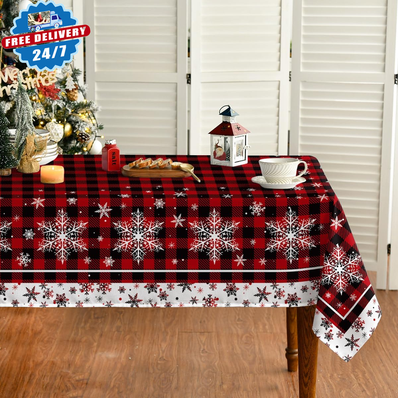 Christmas Tablecloth 60&times;120 Inch, Red Buffalo Plaid Snow Washable Table Cover fo