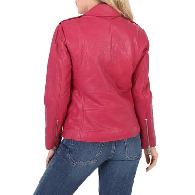 Pre-owned Michael Kors Ladies Crinkled Leather Moto Jacket In Purple