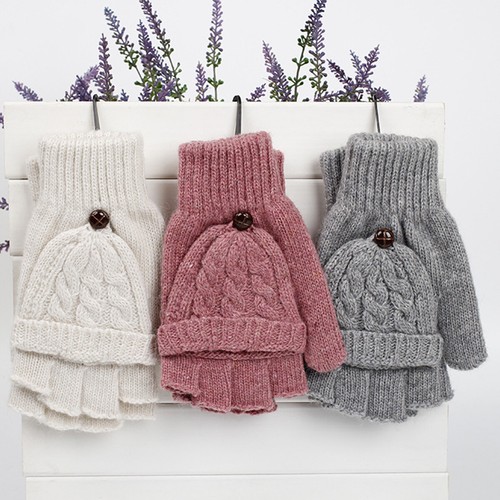 Womens Winter Gloves Warm Wool Knitted Convertible Fingerless Gloves with Mittens Cover Cap