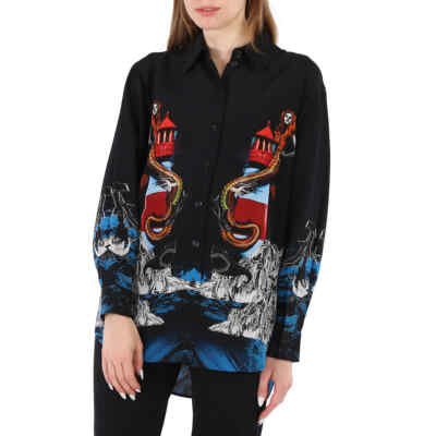 Pre-owned Burberry Ladies Mermaid Printed Silk Shirt In Black