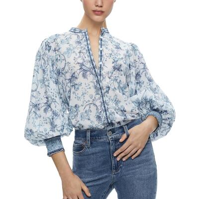 Женский голубой хлопковый топ на пуговицах с цветочным принтом Alice and Olivia, L BHFO 9058