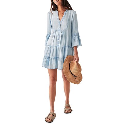 Faherty Womens Blue Slit Buttons Tiered Mini Dress M BHFO 5951