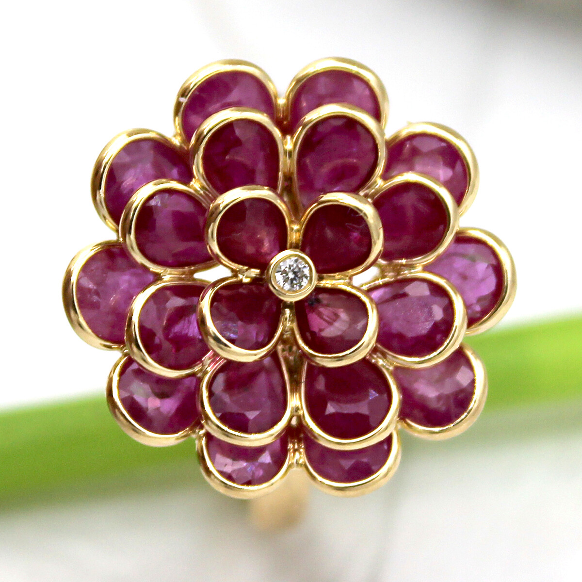 Pre-owned Archariel Natural Flower Ruby Diamond Statement Ring 14kt Solid Yellow Gol Meaniful Gift In Red