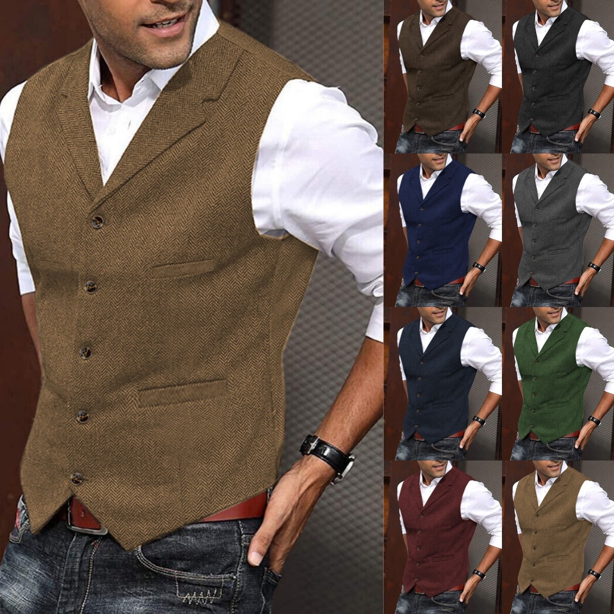 Mens Tweed Vest Wool Herringbone Vintage Western Cowboy Vests M Large XL XXL 3XL