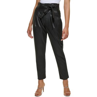 Женские черные брюки из искусственной кожи DKNY с завышенной талией Petites 12P BHFO 2846