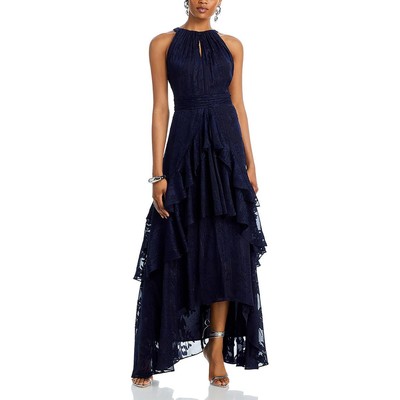 Женское макси-вечернее платье Aqua Womens темно-синего цвета с оборками 4 BHFO 4556