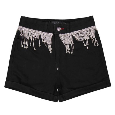 Pre-owned Philipp Plein Rhinestone Fringes Hot Denim Hot Pants Z-9jhkv In Check Description