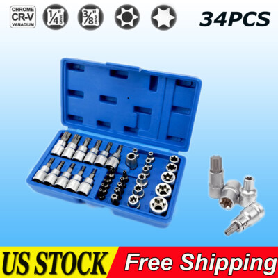 34pcs Drive Torx Star Sockets & Bit Set Male Female E-torx Security Bits 3/8''