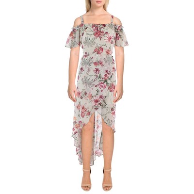 Женское бежевое макси-платье AUW с открытыми плечами и низким вырезом лодочкой в цветочек, L BHFO 4579