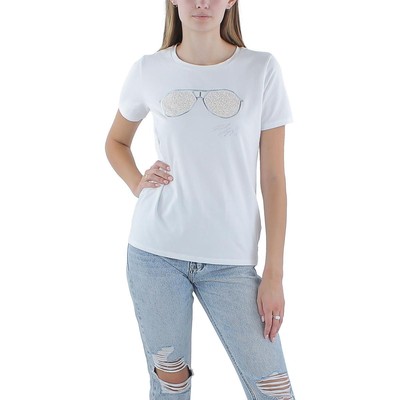 Karl Lagerfeld Paris Womens White Embellished Graphic T-Shirt Top L BHFO 2220