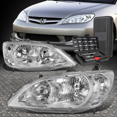 ДЛЯ 04-05 HONDA CIVIC СЕДАН КУПЕ ХРОМИРОВАННЫЙ КОРПУС ПРОЗРАЧНАЯ УГЛОВАЯ ФАРА + НАБОР ИНСТРУМЕНТОВ