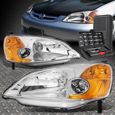 ДЛЯ 01-03 HONDA CIVIC ХРОМИРОВАННЫЙ КОРПУС ЯНТАРНЫХ УГЛОВЫХ ФАР ГОЛОВНОГО СВЕТА + НАБОР ИНСТРУМЕНТОВ