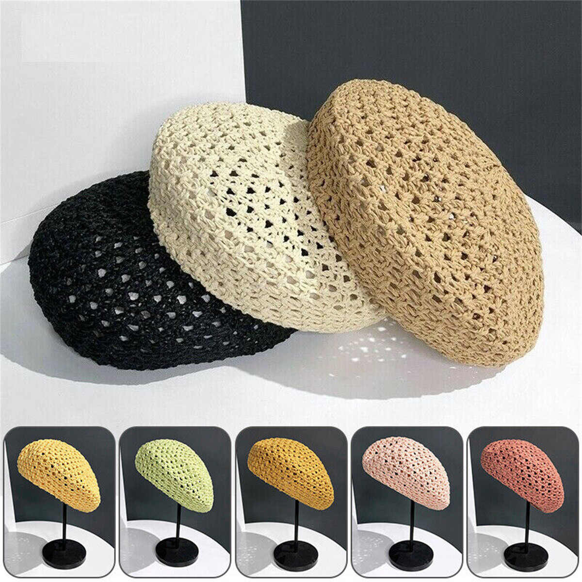 Women Handmade Vintage Straw Beret Summer Beanie Hat Adjusta