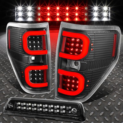 FOR 09-14 FORD F150 DUAL RED 3D LED BAR TAIL LIGHT+THIRD BRAKE/CARGO LAMP BLACK