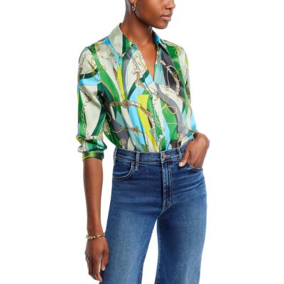 LAgence Womens Dani Green Silk 3/4 Sleeve Button-Down Top Shirt L BHFO 3906