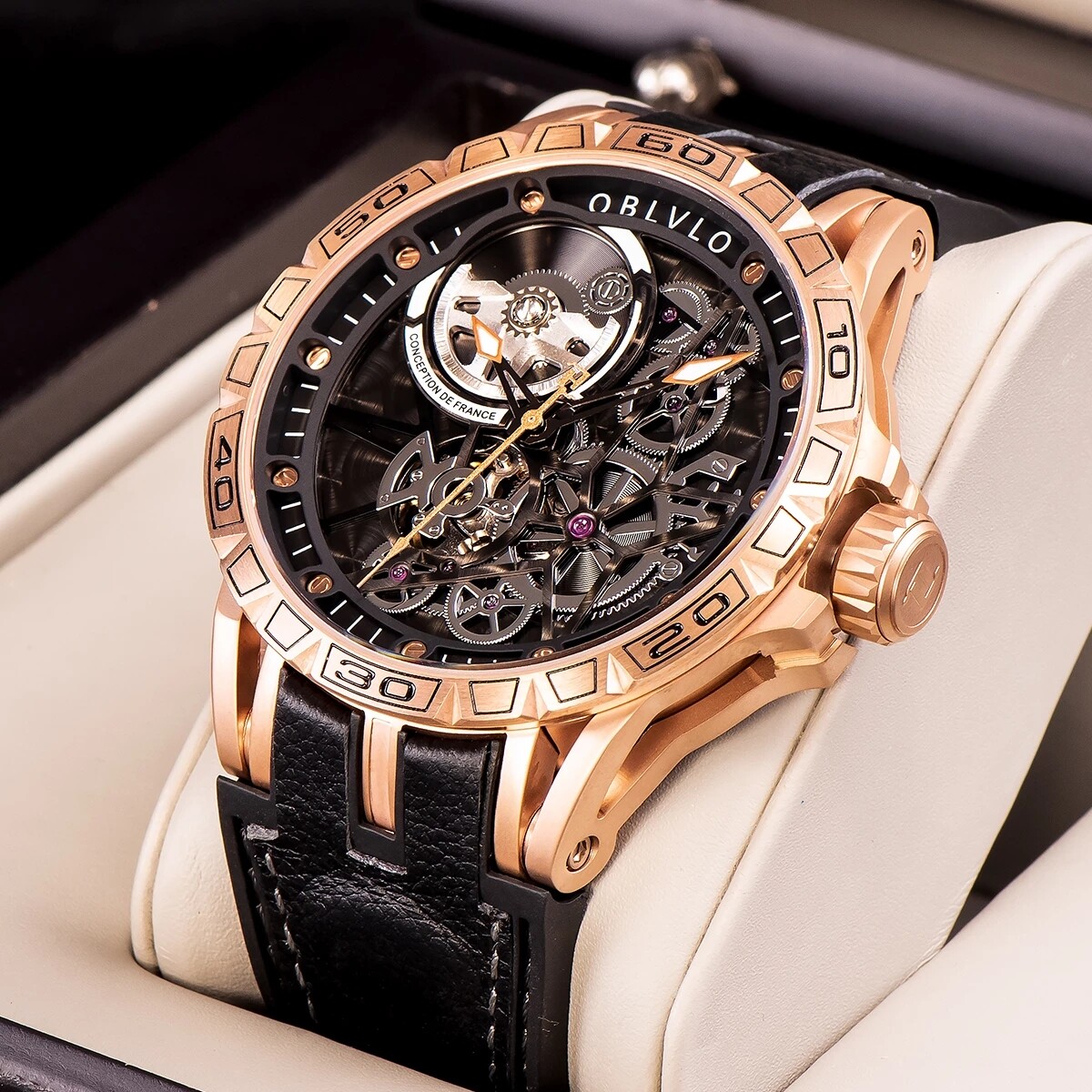 Pre-owned Reef Tiger Oblvlo Men Automatic Watch Luxury Mens Mechanical Wristwatches Skeleton Dial