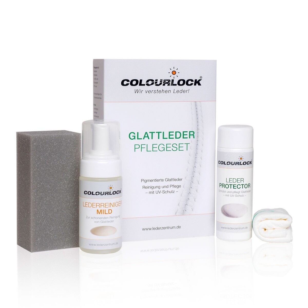 Colourlock Glattleder Pflegeset mild Reiniger, Protector,Schwamm & Tuch  