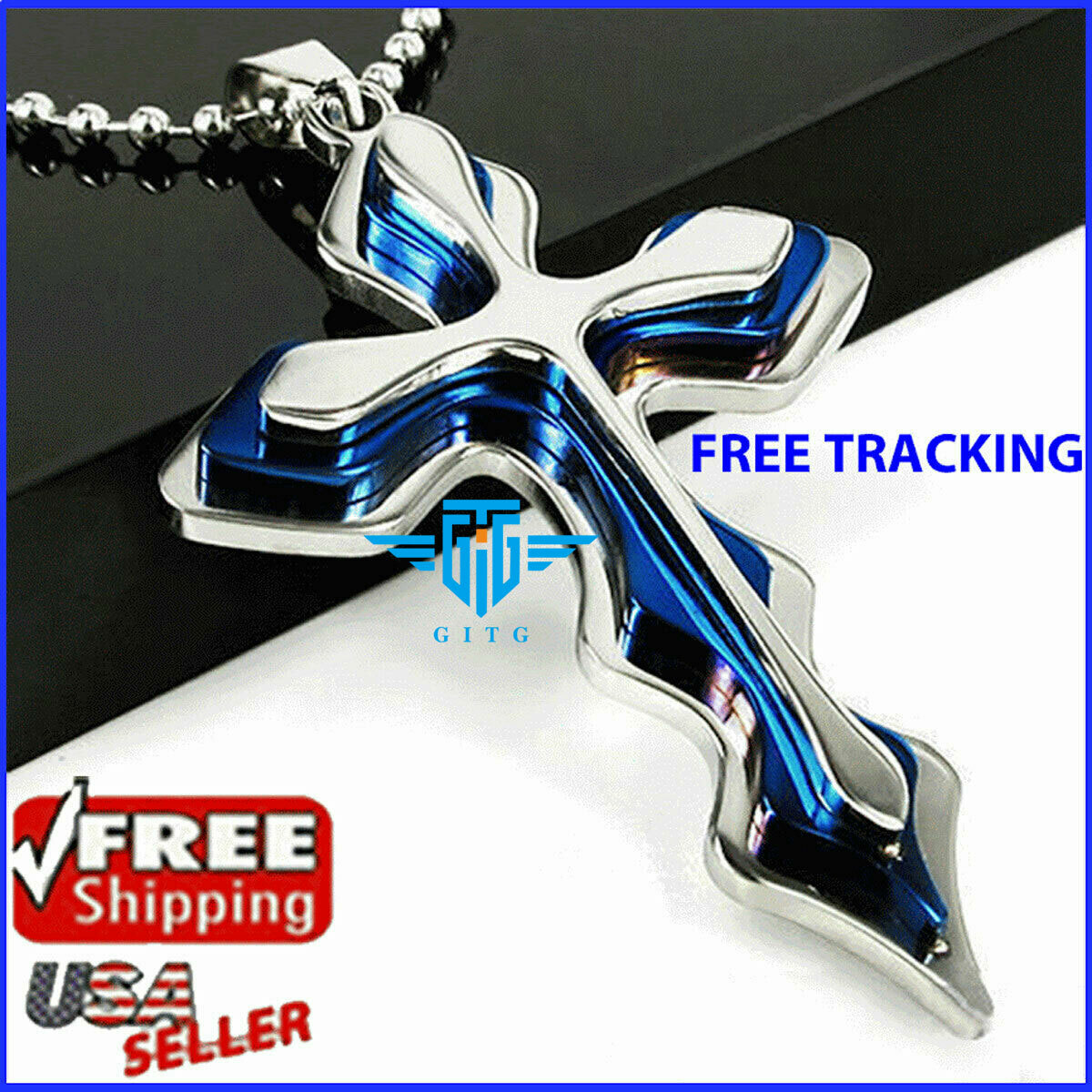 Cross Pendant Necklace BLUE Stainless 