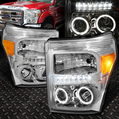 [LED DRL + HALO] ДЛЯ 11-16 FORD SUPER DUTY ХРОМИРОВАННАЯ/ЯНТАРНАЯ УГЛОВАЯ ФАРА-ПРОЕКТОР